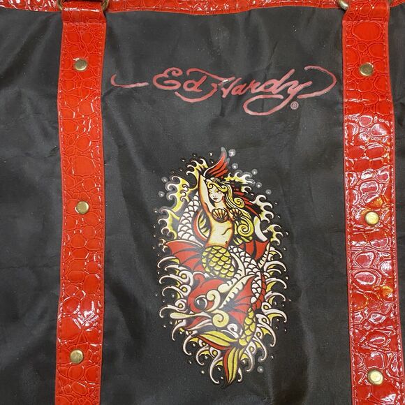 Ed Hardy Nylon Red and Black Mermaid Shoulder Tote Bag - Picture 6 of 12